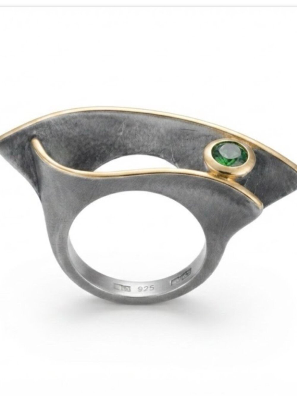 Sterling Silver Sculptural Ring — Lab Emerald, Rare Find, Croatia